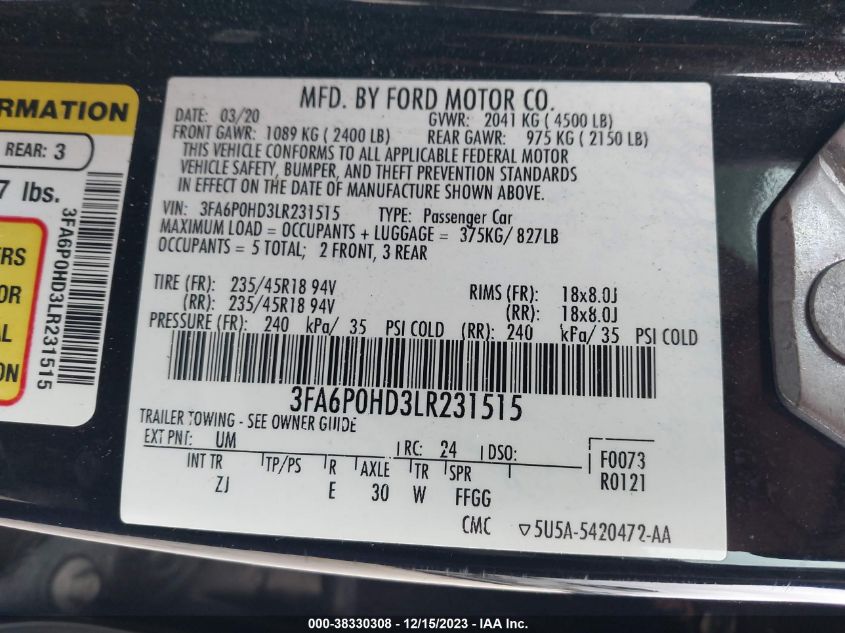 3FA6P0HD3LR231515 2020 Ford Fusion Se