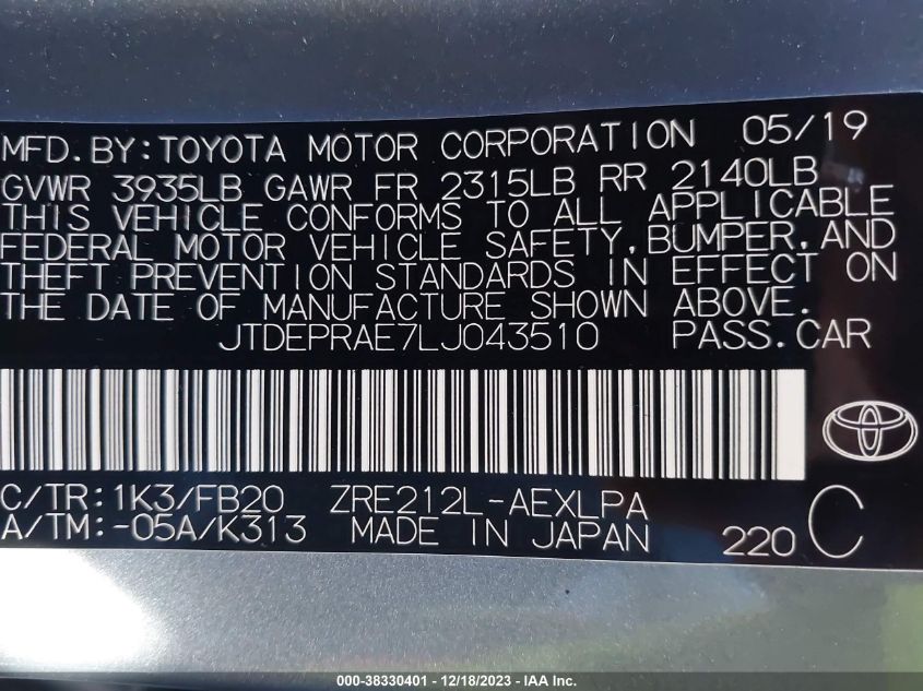 JTDEPRAE7LJ043510 2020 Toyota Corolla Le