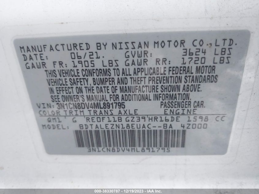 3N1CN8DV4ML891795 2021 Nissan Versa S Xtronic Cvt