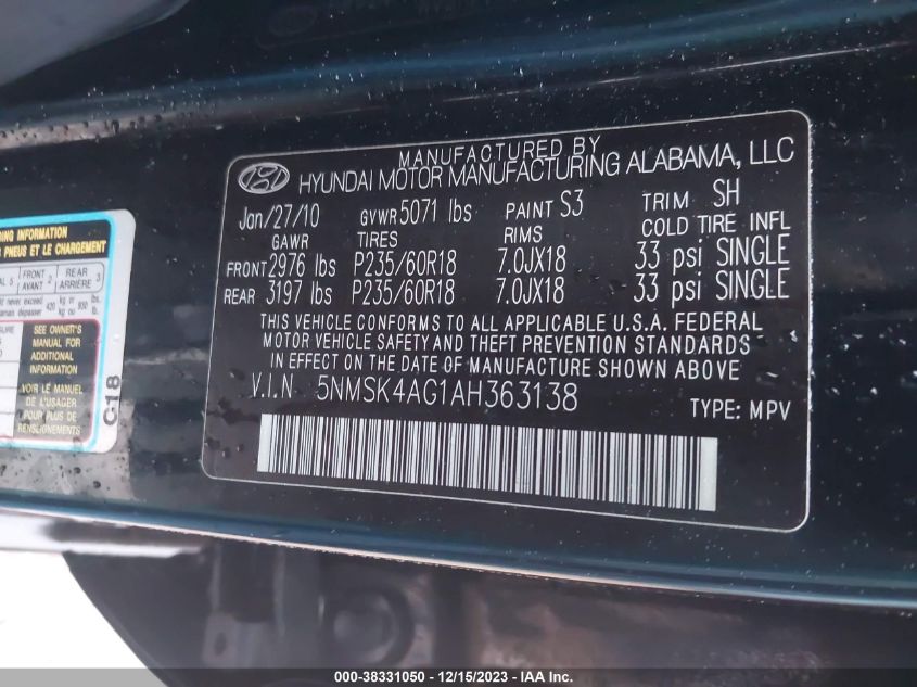 5NMSK4AG1AH363138 2010 Hyundai Santa Fe Limited