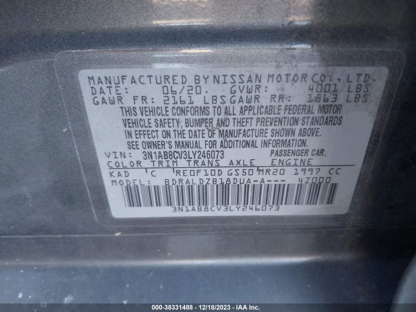 3N1AB8CV3LY246073 2020 Nissan Sentra Sv Xtronic Cvt