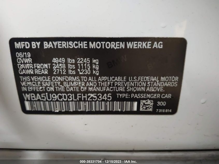 2020 BMW 3 Series M340I xDrive VIN: WBA5U9C03LFH25345 Lot: 38331704