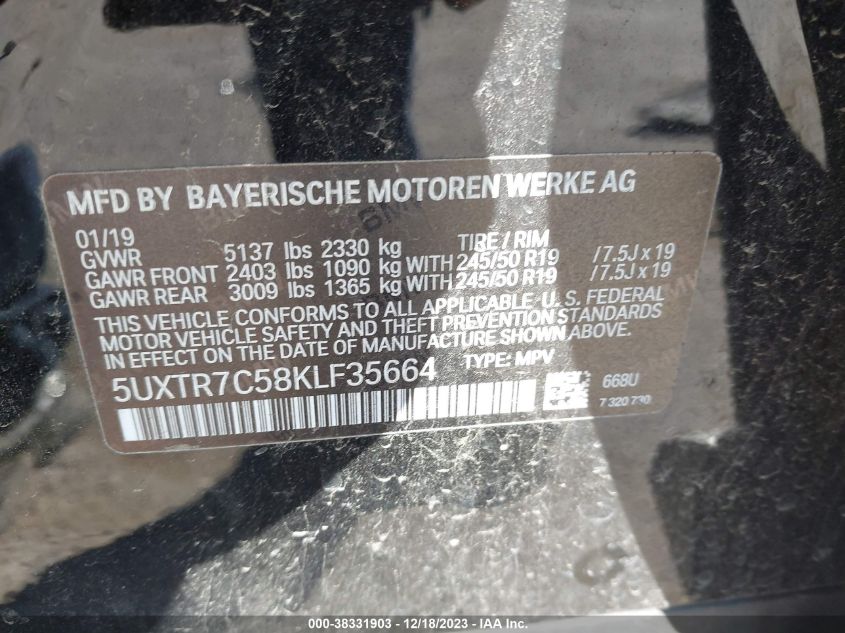 2019 BMW X3 Sdrive30I VIN: 5UXTR7C58KLF35664 Lot: 38331903