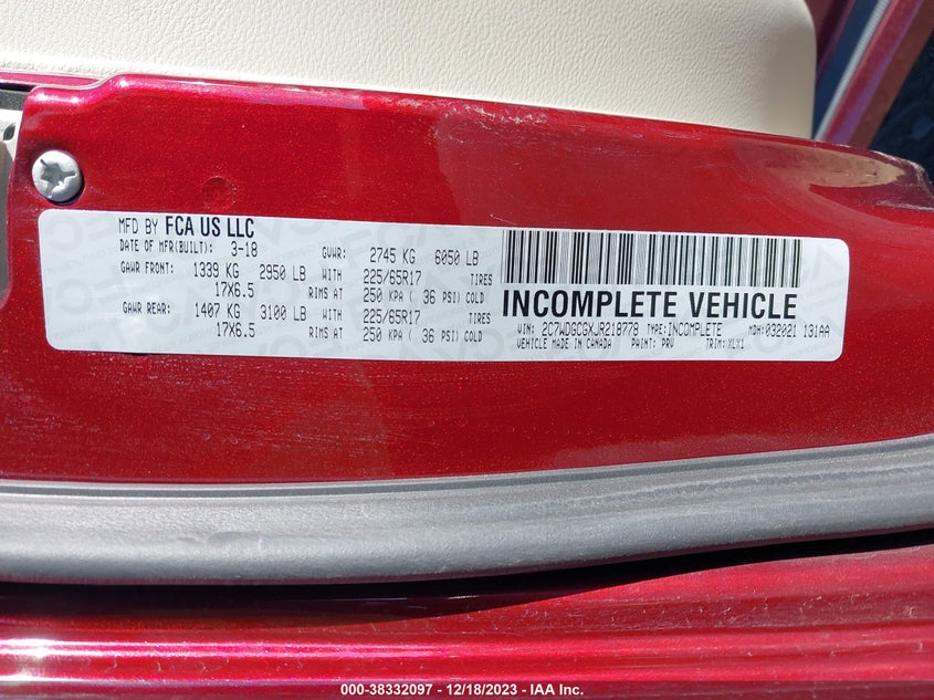 2018 Dodge Grand Caravan Sxt VIN: 2C7WDGCGXJR218778 Lot: 38332097