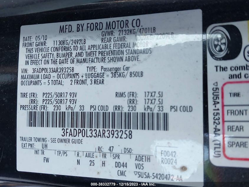 2010 Ford Fusion Hybrid VIN: 3FADP0L33AR393258 Lot: 38332779