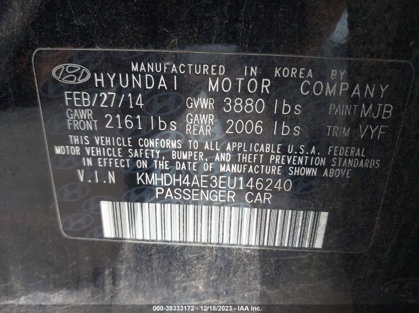 2014 Hyundai Elantra Se (Ulsan Plant) VIN: KMHDH4AE3EU146240 Lot: 38333172