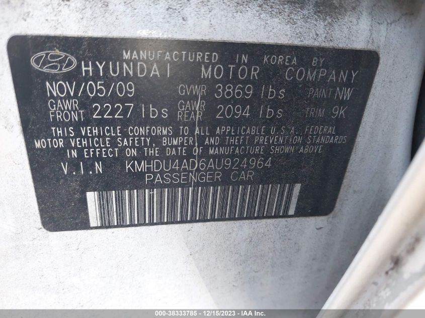 2010 Hyundai Elantra Gls VIN: KMHDU4AD6AU924964 Lot: 38333785