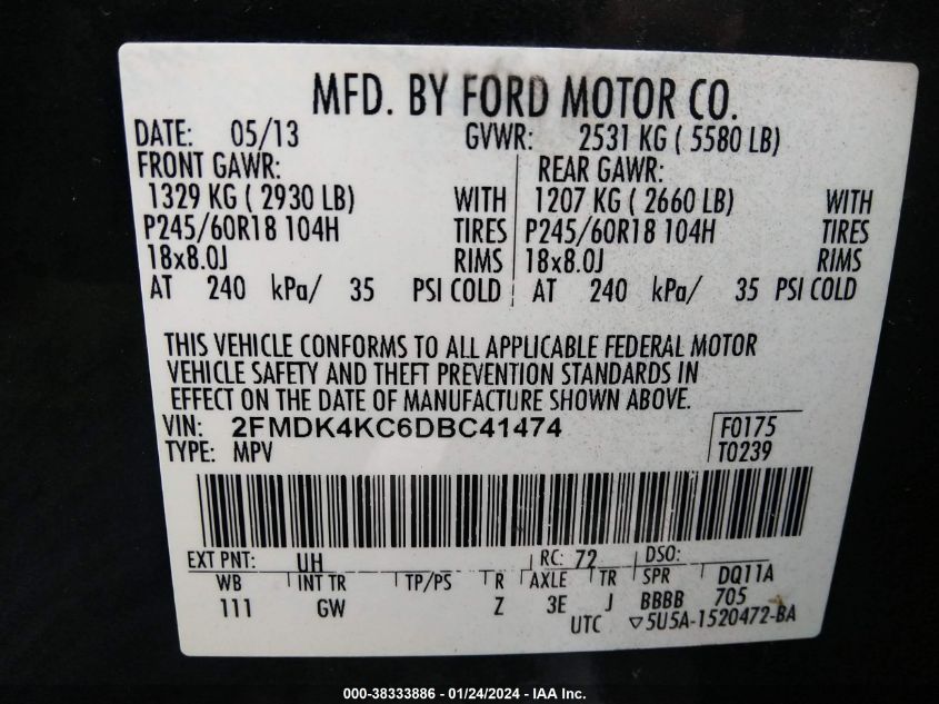 2013 Ford Edge Limited VIN: 2FMDK4KC6DBC41474 Lot: 38333886