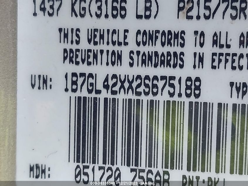 1B7GL42XX2S675188 2002 Dodge Dakota Slt