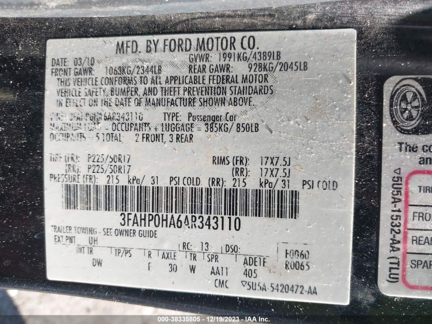 3FAHP0HA6AR343110 2010 Ford Fusion Se