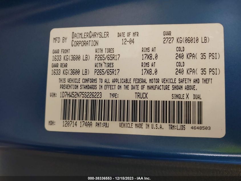 2005 Dodge Dakota Laramie VIN: 1D7HW52N75S226223 Lot: 38336553