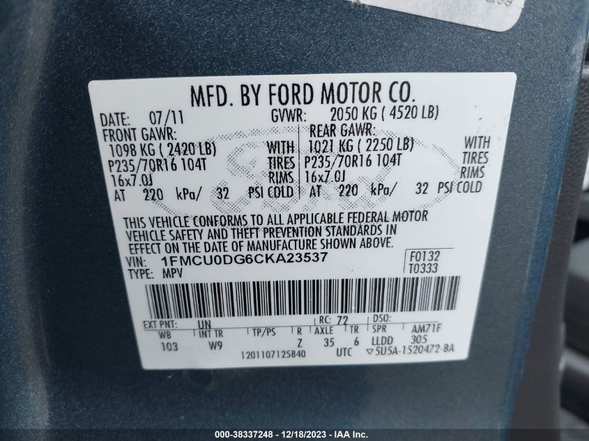 1FMCU0DG6CKA23537 2012 Ford Escape Xlt