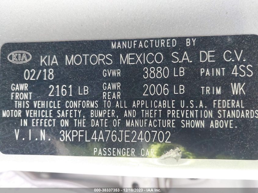 3KPFL4A76JE240702 2018 Kia Forte Lx