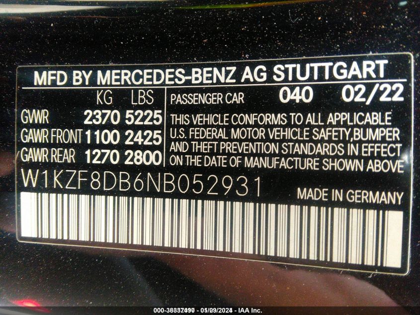 2022 Mercedes-Benz E 350 VIN: W1KZF8DB6NB052931 Lot: 38337490