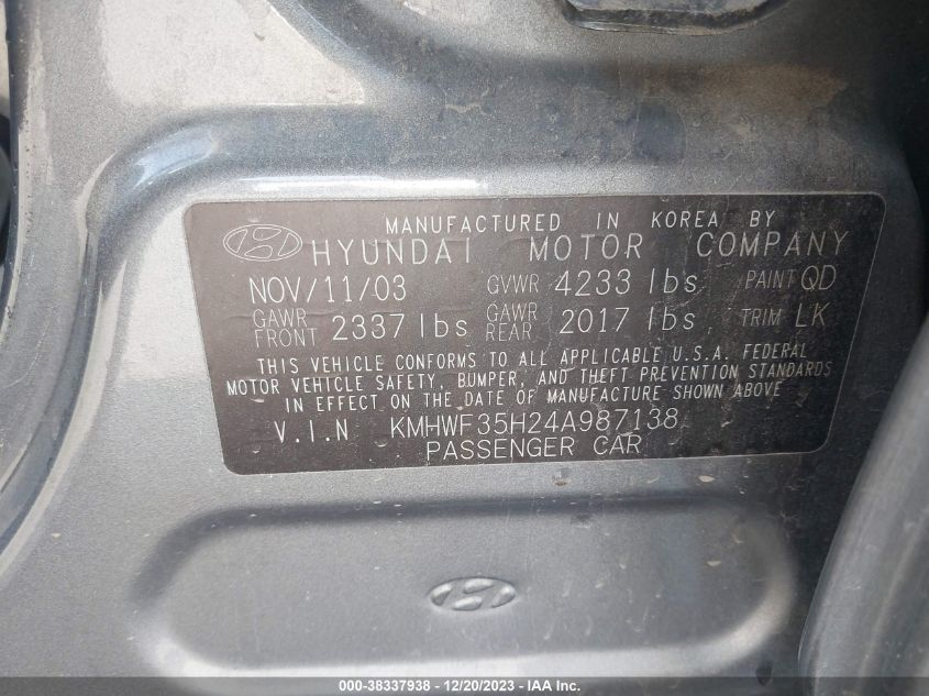 KMHWF35H24A987138 2004 Hyundai Sonata Gls/Lx