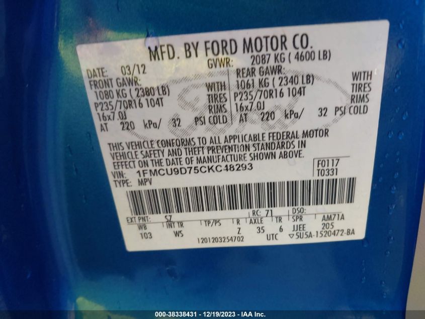 1FMCU9D75CKC48293 2012 Ford Escape Xlt