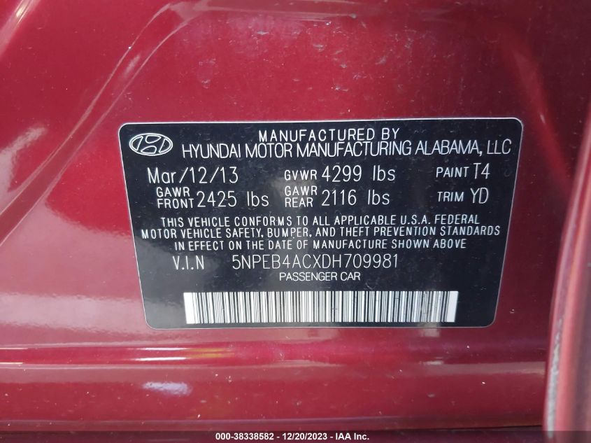 2013 Hyundai Sonata Gls VIN: 5NPEB4ACXDH709981 Lot: 38338582