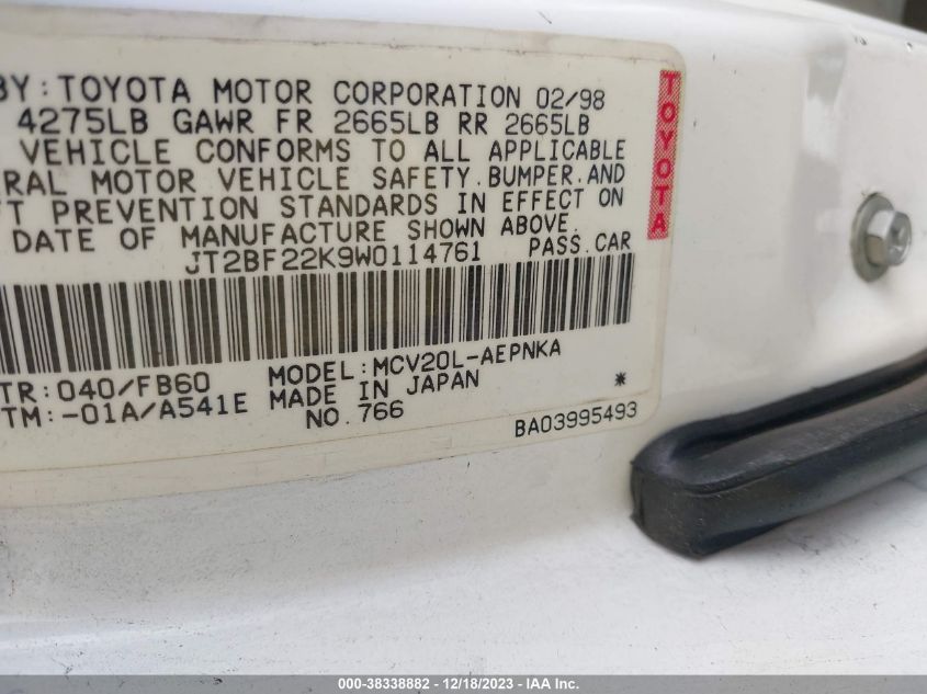 JT2BF22K9W0114761 1998 Toyota Camry Le V6