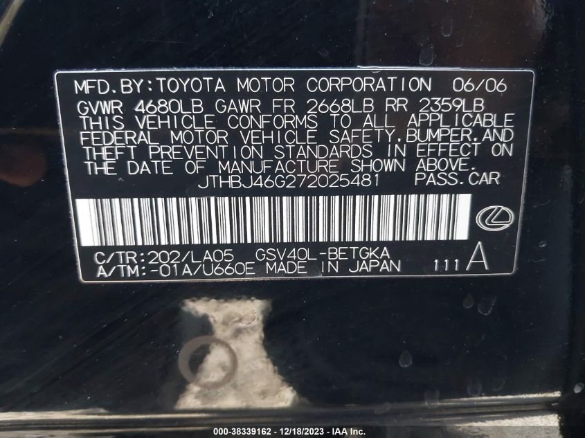 JTHBJ46G272025481 2007 Lexus Es 350