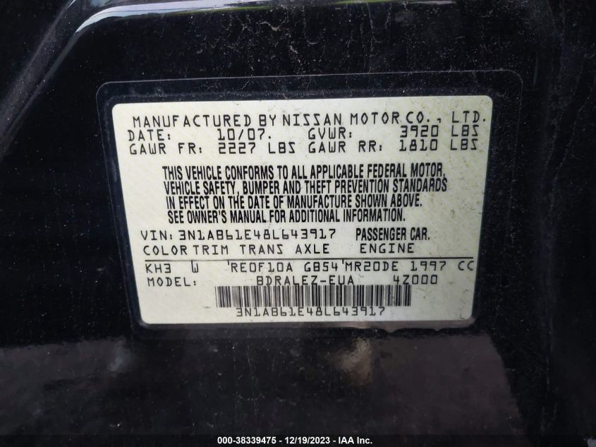 2008 Nissan Sentra 2.0S VIN: 3N1AB61E48L643917 Lot: 38339475