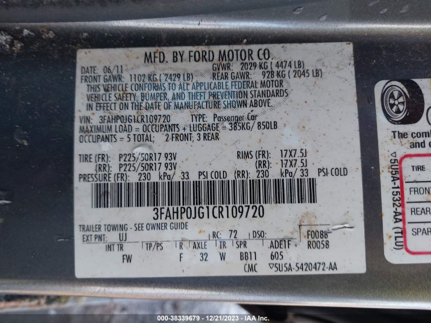 3FAHP0JG1CR109720 2012 Ford Fusion Sel