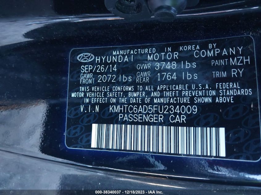 2015 Hyundai Veloster VIN: KMHTC6AD5FU234009 Lot: 38340037