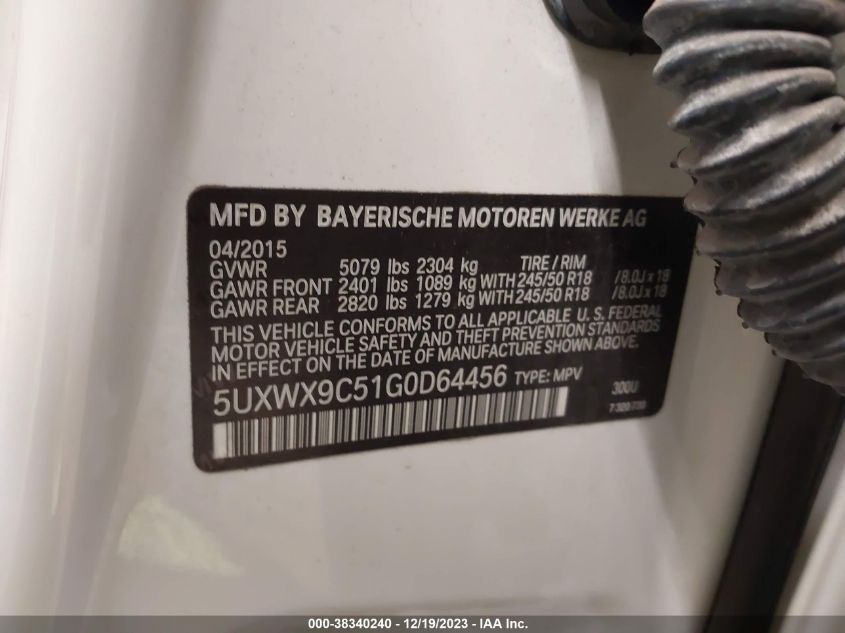 2016 BMW X3 xDrive28I VIN: 5UXWX9C51G0D64456 Lot: 38340240