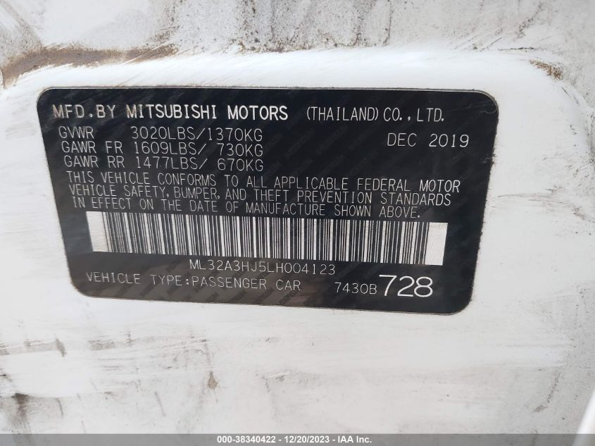 2020 Mitsubishi Mirage Es/Se VIN: ML32A3HJ5LH004123 Lot: 38340422