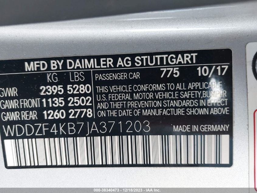 2018 Mercedes-Benz E 300 4Matic VIN: WDDZF4KB7JA371203 Lot: 38340473