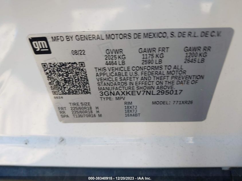 3GNAXKEV7NL295017 2022 Chevrolet Equinox Fwd Lt