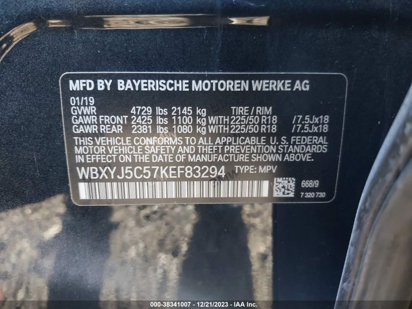 2019 BMW X2 xDrive28I VIN: WBXYJ5C57KEF83294 Lot: 38341007