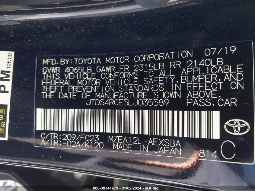 JTDS4RCE5LJ035589 2020 Toyota Corolla Se