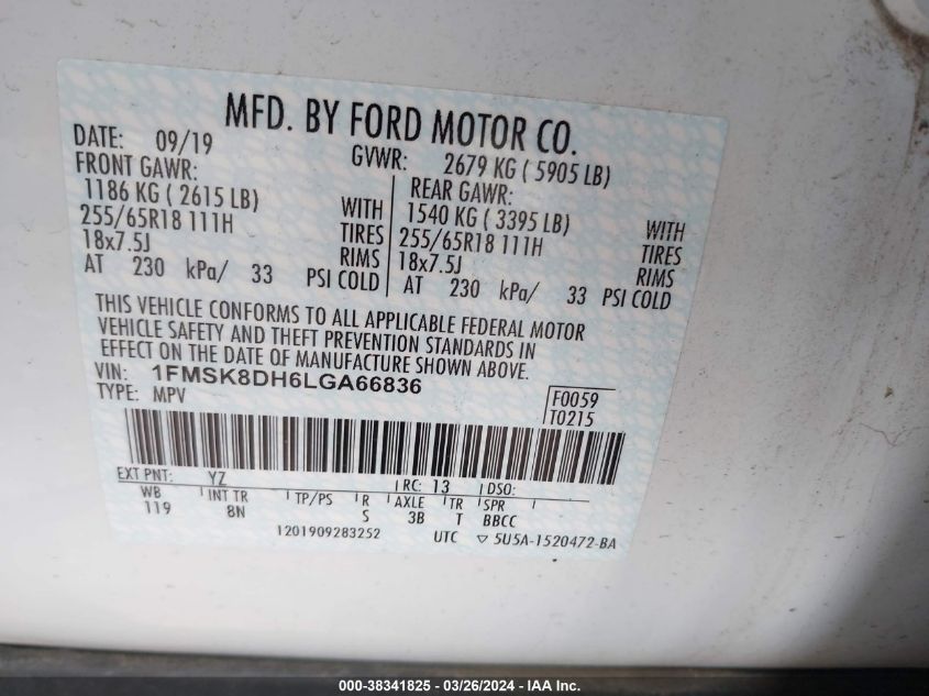 2020 Ford Explorer Xlt VIN: 1FMSK8DH6LGA66836 Lot: 38341825