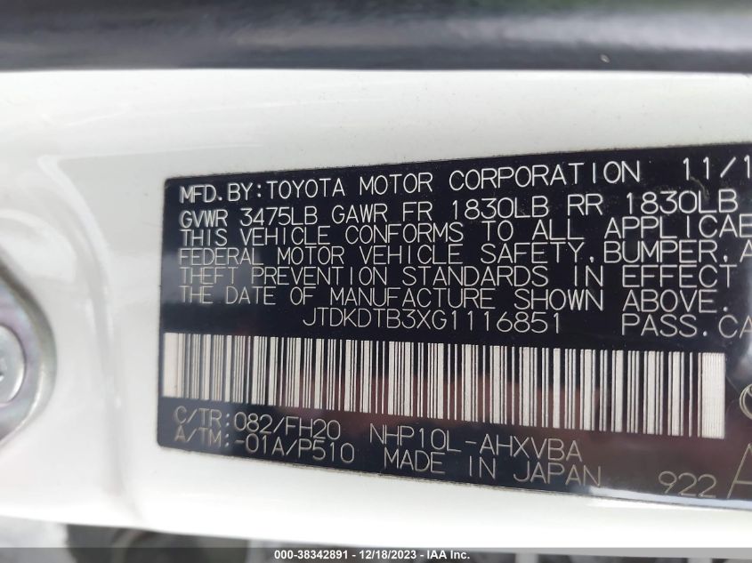 JTDKDTB3XG1116851 2016 Toyota Prius C One