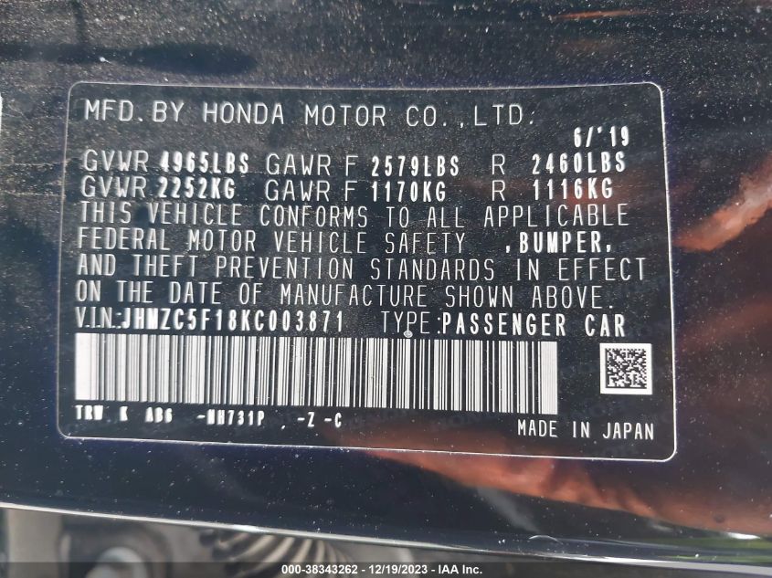 JHMZC5F18KC003871 2019 Honda Clarity Plug-In Hybrid