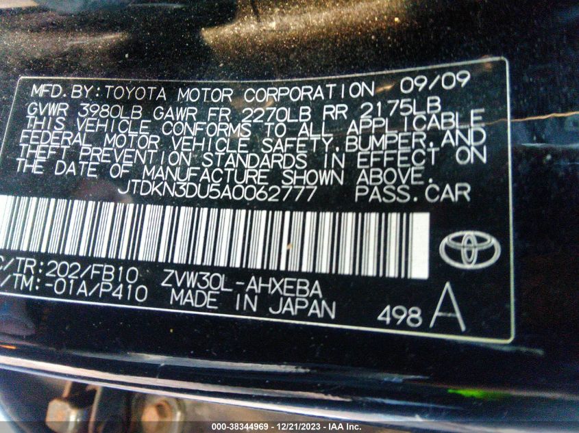 2010 Toyota Prius Ii VIN: JTDKN3DU5A0062777 Lot: 38344969