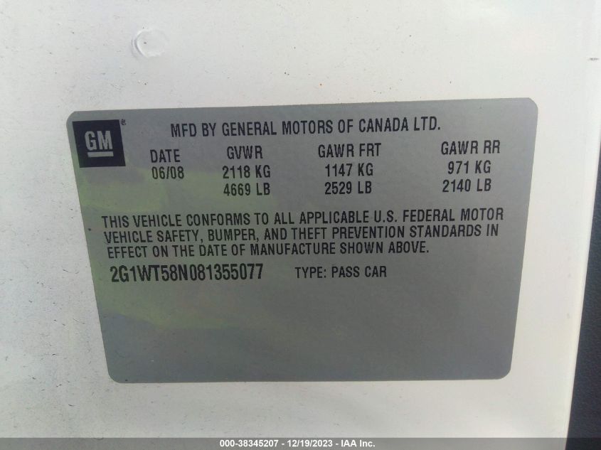 2G1WT58N081355077 2008 Chevrolet Impala Lt