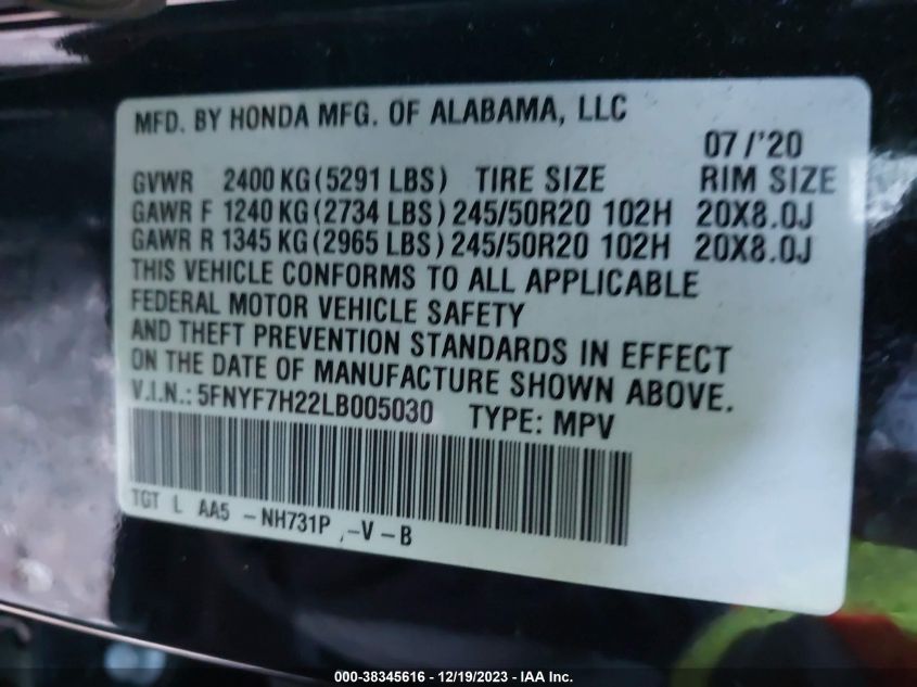 5FNYF7H22LB005030 2020 Honda Passport 2Wd Sport