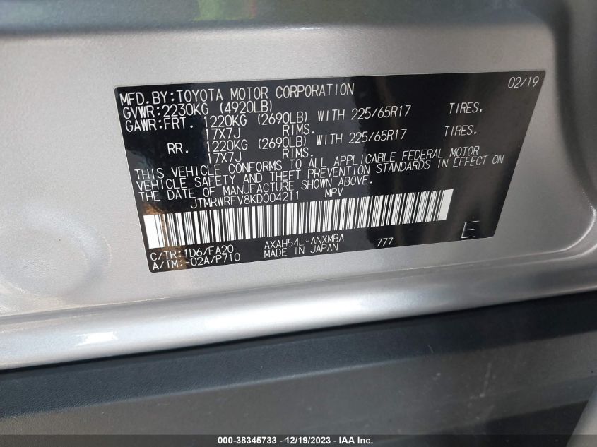 JTMRWRFV8KD004211 2019 Toyota Rav4 Hybrid Xle