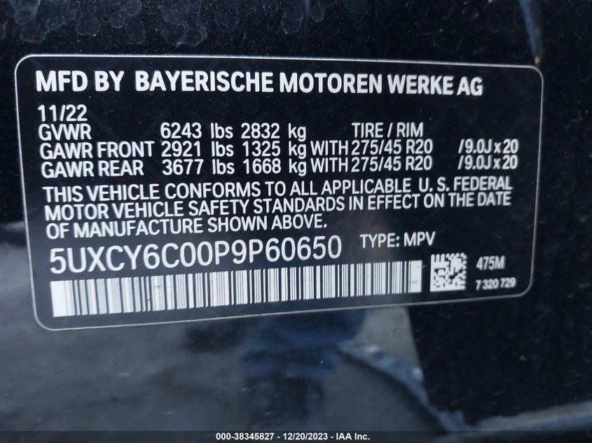 VIN 5UXCY6C00P9P60650 2023 BMW X6, Xdrive40I no.9