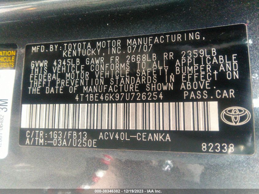 2007 Toyota Camry Le VIN: 4T1BE46K97U726254 Lot: 38346382