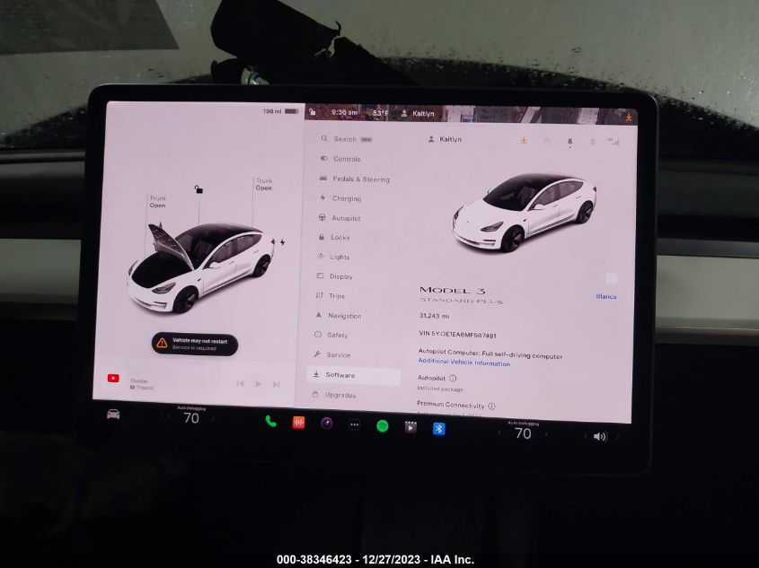 2021 Tesla Model 3 Standard Range Plus Rear-Wheel Drive VIN: 5YJ3E1EA6MF987491 Lot: 38346423