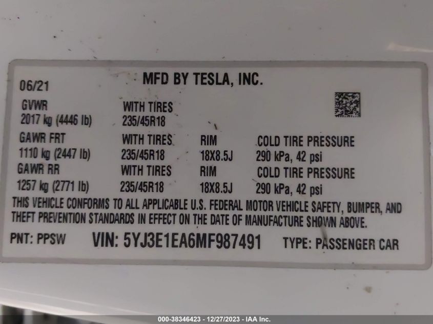 2021 Tesla Model 3 Standard Range Plus Rear-Wheel Drive VIN: 5YJ3E1EA6MF987491 Lot: 38346423