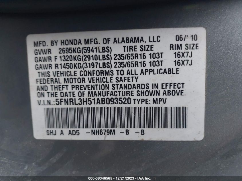 2010 Honda Odyssey Ex VIN: 5FNRL3H51AB093520 Lot: 38346565