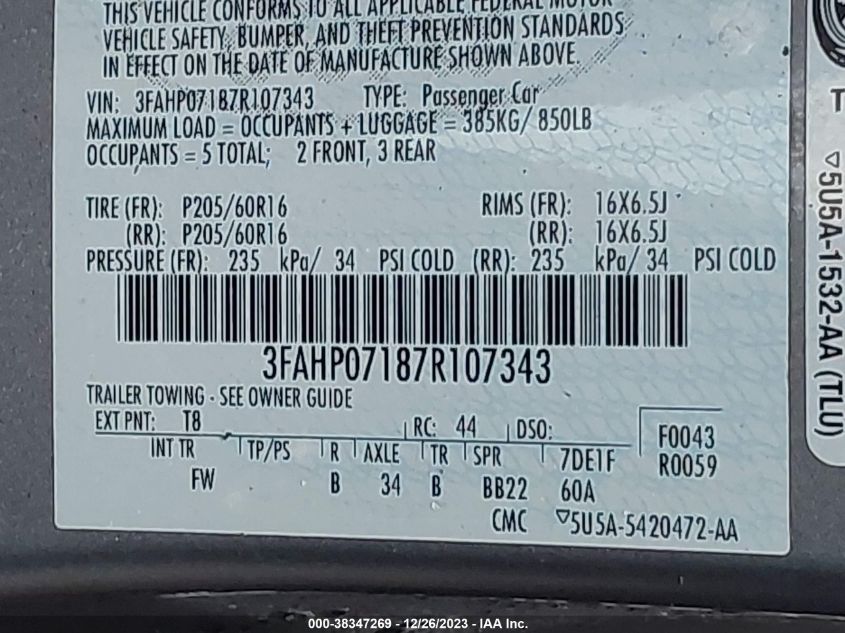 3FAHP07187R107343 2007 Ford Fusion Se