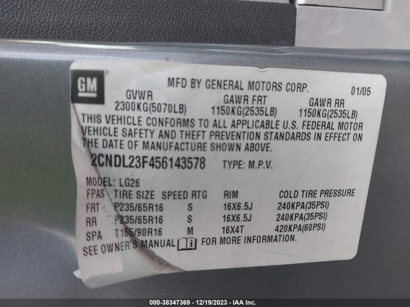 2CNDL23F456143578 2005 Chevrolet Equinox Ls