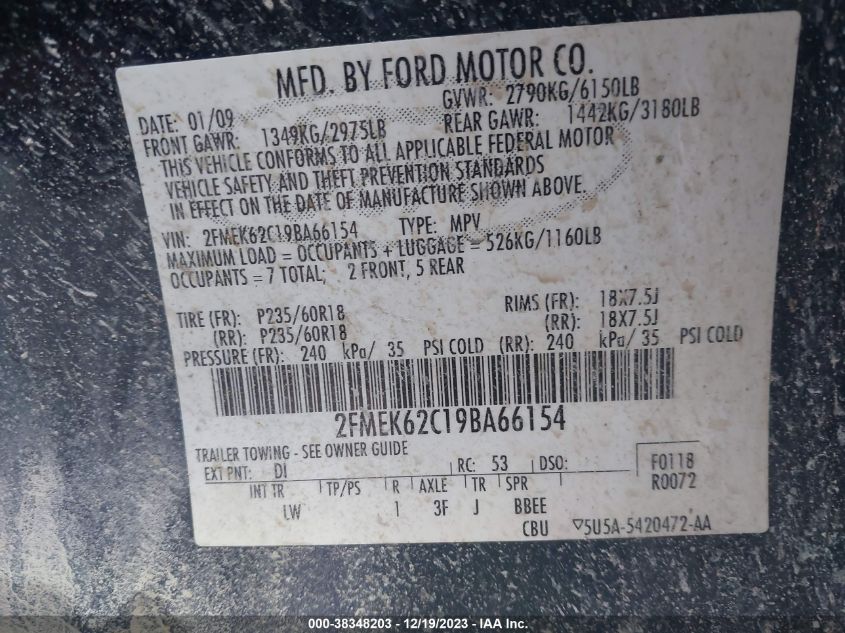 2FMEK62C19BA66154 2009 Ford Flex Sel