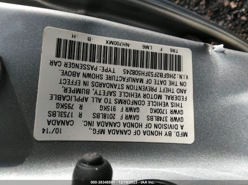 2HGFB2F53FH508245 2015 Honda Civic Lx