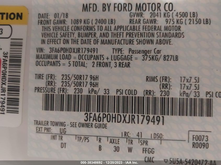 3FA6P0HDXJR179491 2018 Ford Fusion Se