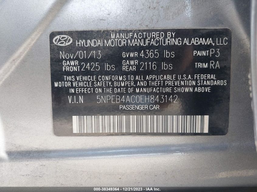2014 Hyundai Sonata Gls VIN: 5NPEB4AC0EH843142 Lot: 38349364